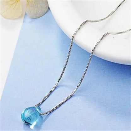 Simple Blue Crystal Teadrop Pendant Clavicle Chain Necklace Womens Jewellery