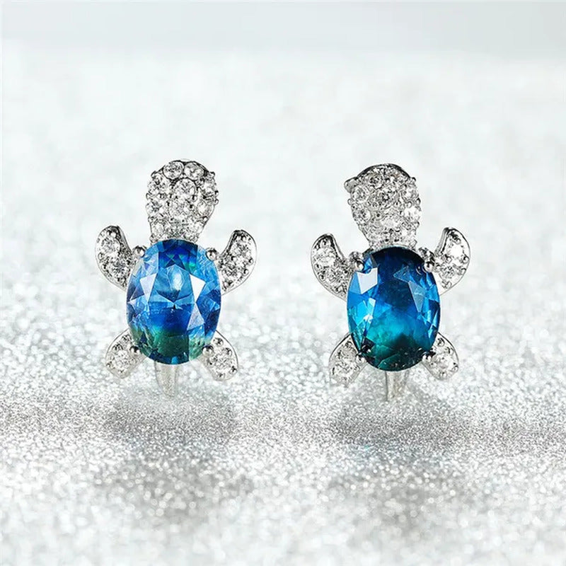 Ladies Cute Fashion Animal Turtle Silver Plated Sea Blue Sapphire Diamond Stud E