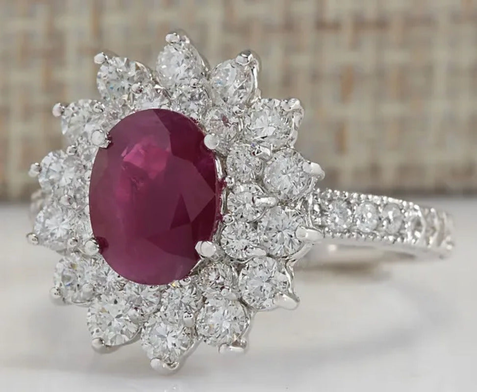 Noble Brand Jewelry Natural 5.86CT Red Ruby Gemstone 925 Sterling Silver Ring