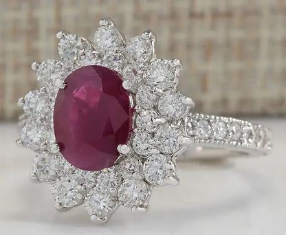 Noble Brand Jewelry Natural 5.86CT Red Ruby Gemstone 925 Sterling Silver Ring