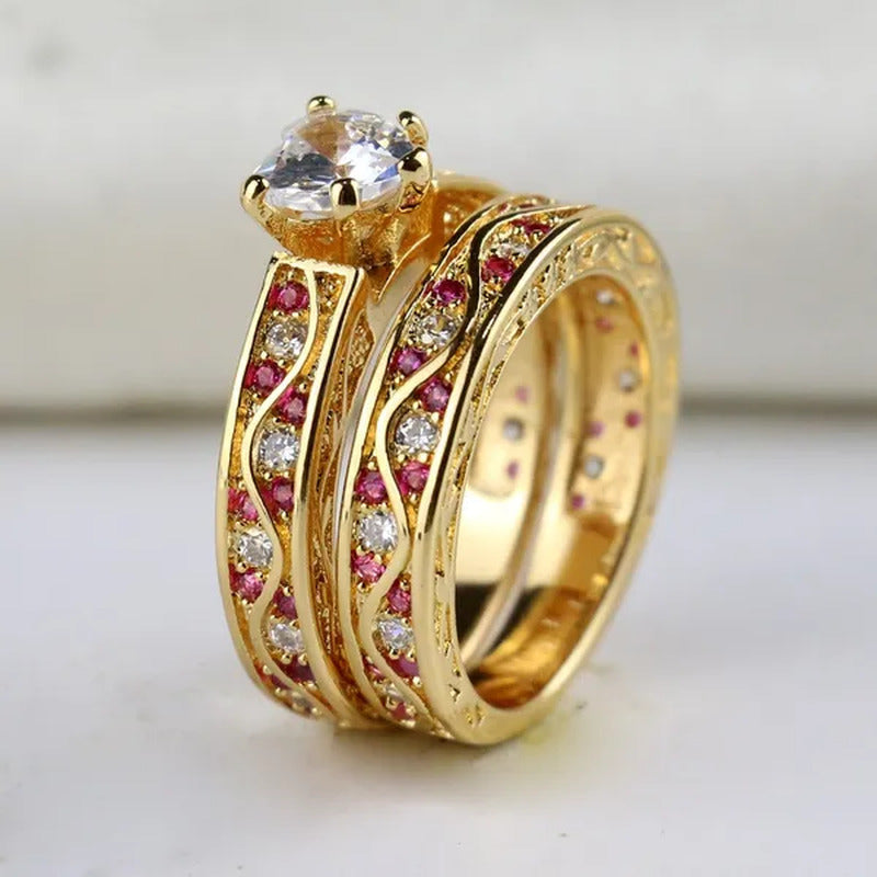 Sz 6-9 Cocktail Ring Champagne Gold Heart Zircon Ruby Women'S Wedding Ring Engag