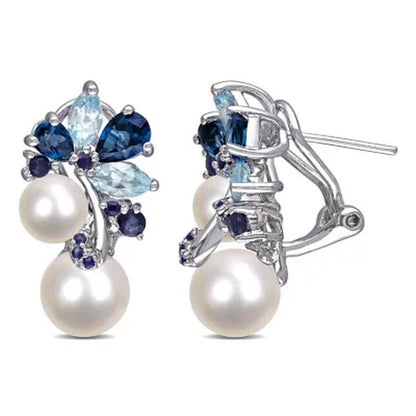 6-8.5 Mm White round Freshwater Cultured Pearl with Blue Topaz and Sapphire Clus