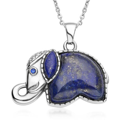 Lapis Lazuli Elephant Charm Pendant Chain Crystal Necklace in Stainless Steel Fa