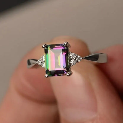 Exquisite Women'S 925 Sterling Silver Ring Princess Cut Mystic Rainbow Topaz Eng