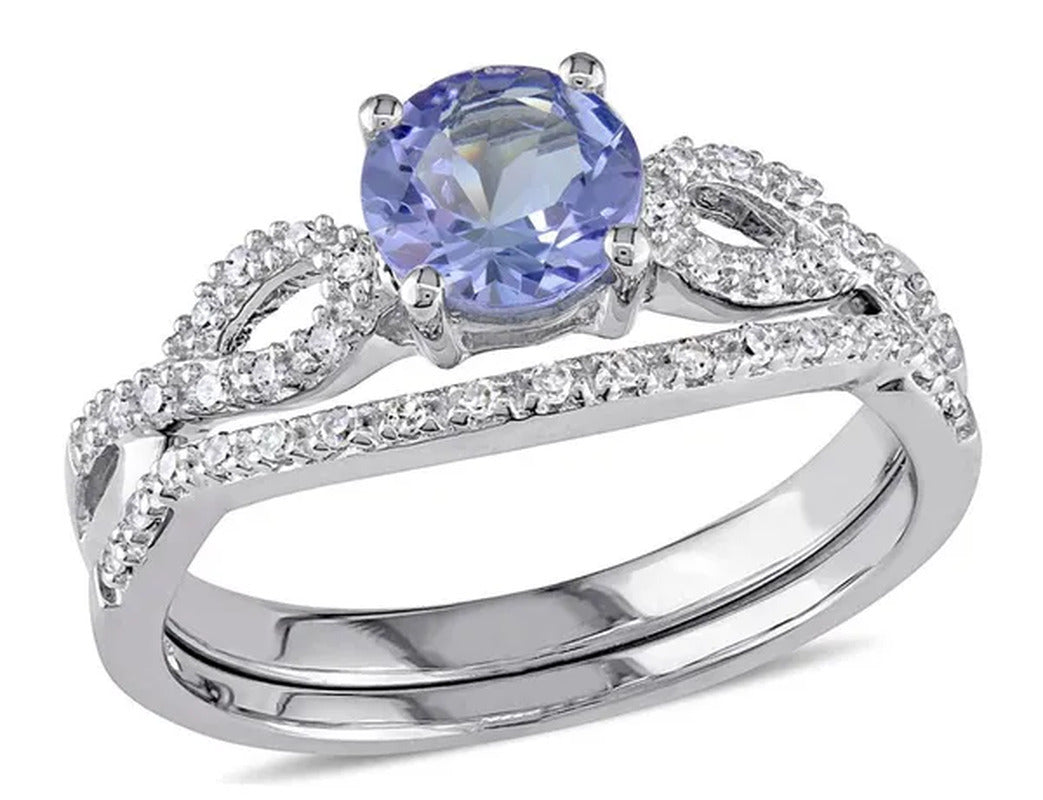 1.00 Carat (Ctw) Tanzanite Engagement Ring & Wedding Band in 10K White Gold with