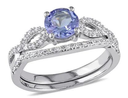 1.00 Carat (Ctw) Tanzanite Engagement Ring & Wedding Band in 10K White Gold with