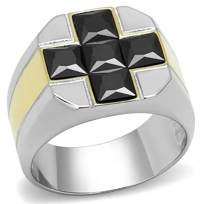 Men Two-Tone IP Gold Stainless Steel Ring with AAA Grade CZ in Black Diamond - S