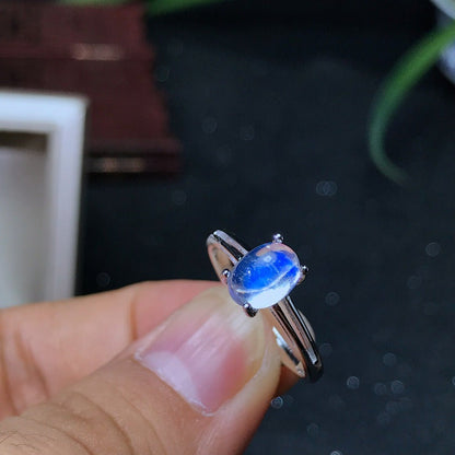 2 Carat Natural Moonstone Ring 925 Silver Inlaid with Blue Glass Body