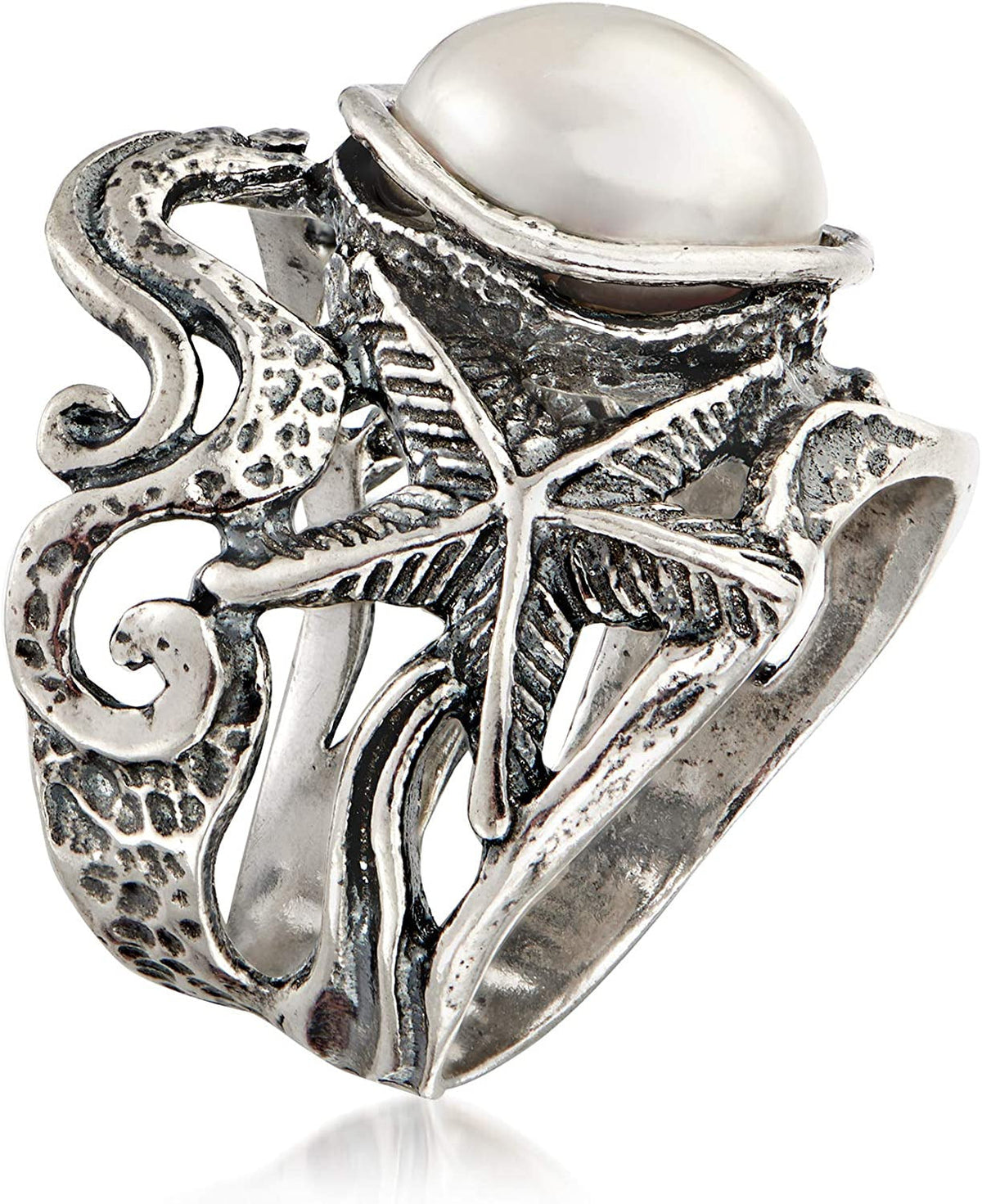 11Mm Cultured Pearl Openwork Sea Life Ring in Sterling Silver
