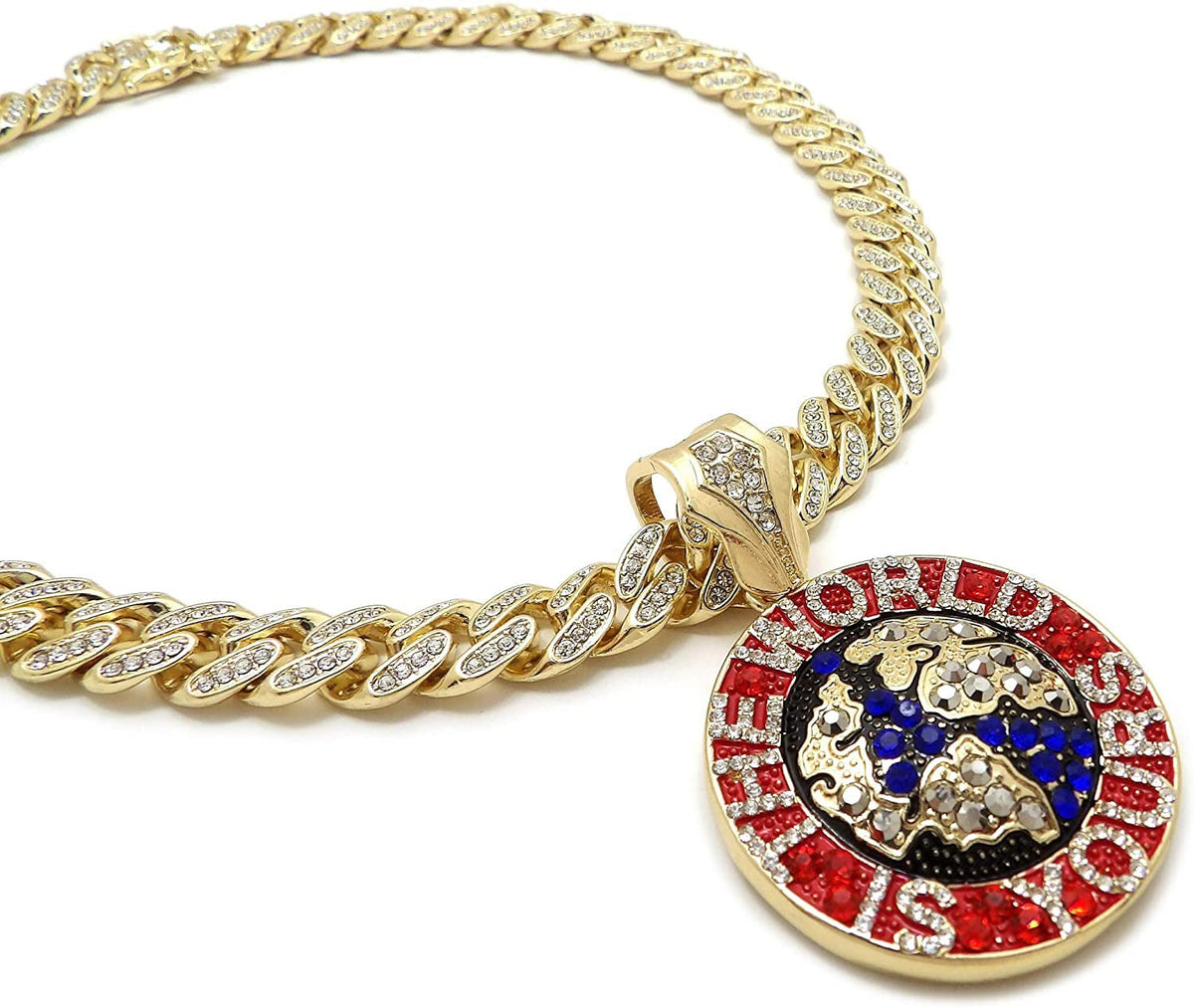 Hip Hop the World Is Yours Pendant & 12Mm 18" Full Iced Box Lock Cuban Chain Nec