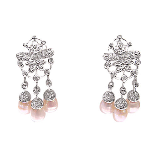 ROUND BRILLIANT SH DIAMONDS SET WITH 6 TOTAL FRESH WATER PEARL DANGLE EARRING