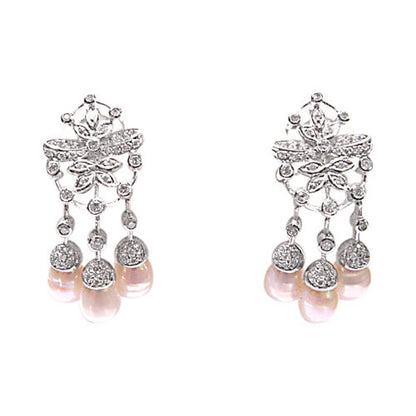 ROUND BRILLIANT SH DIAMONDS SET WITH 6 TOTAL FRESH WATER PEARL DANGLE EARRING
