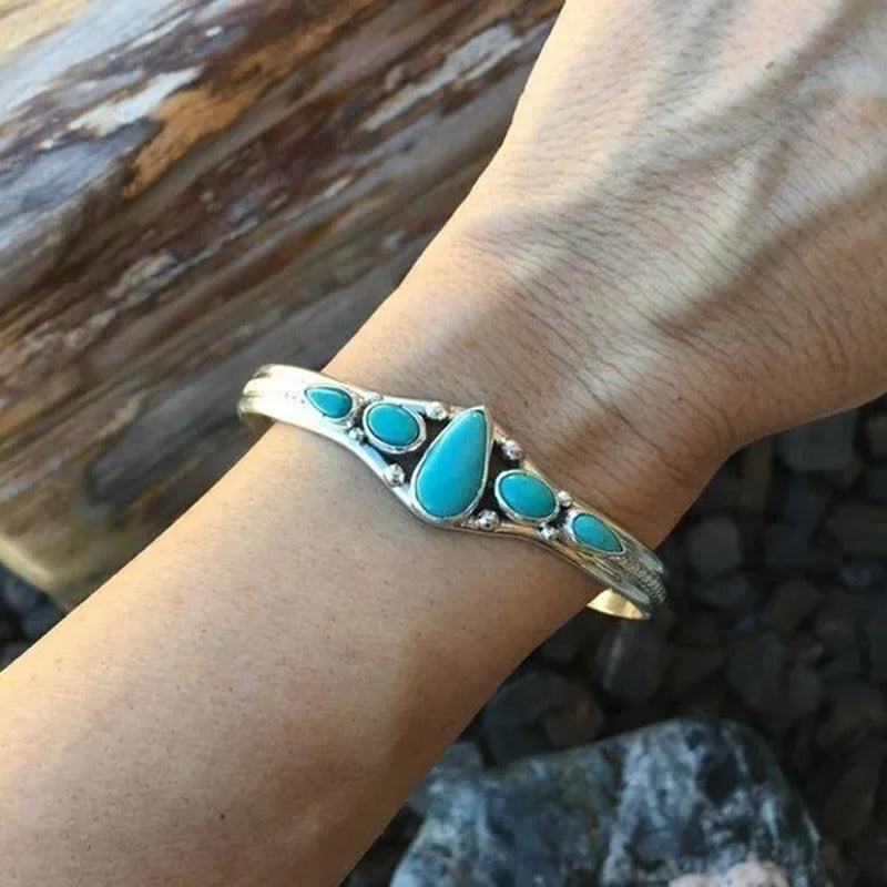 Women Vintage Jewelry Soild Sterling Natural Gemstone Turquoise Bracelet Adjusta