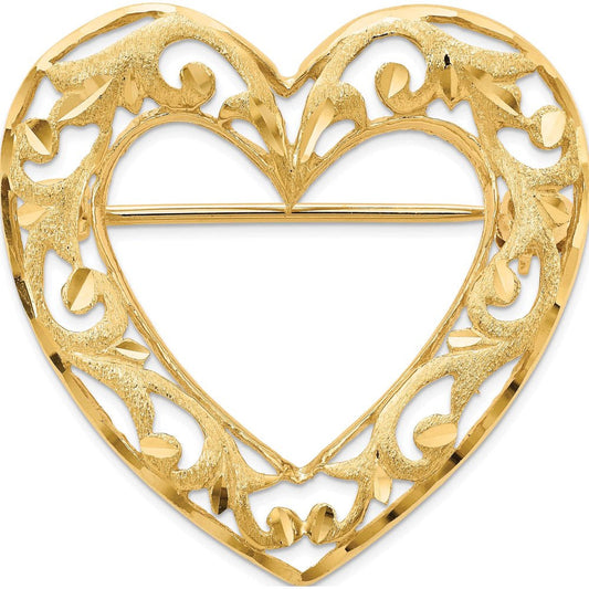 14K Yellow Gold Diamond-Cut Polished and Satin Filigree Open Heart Pin Brooch (2