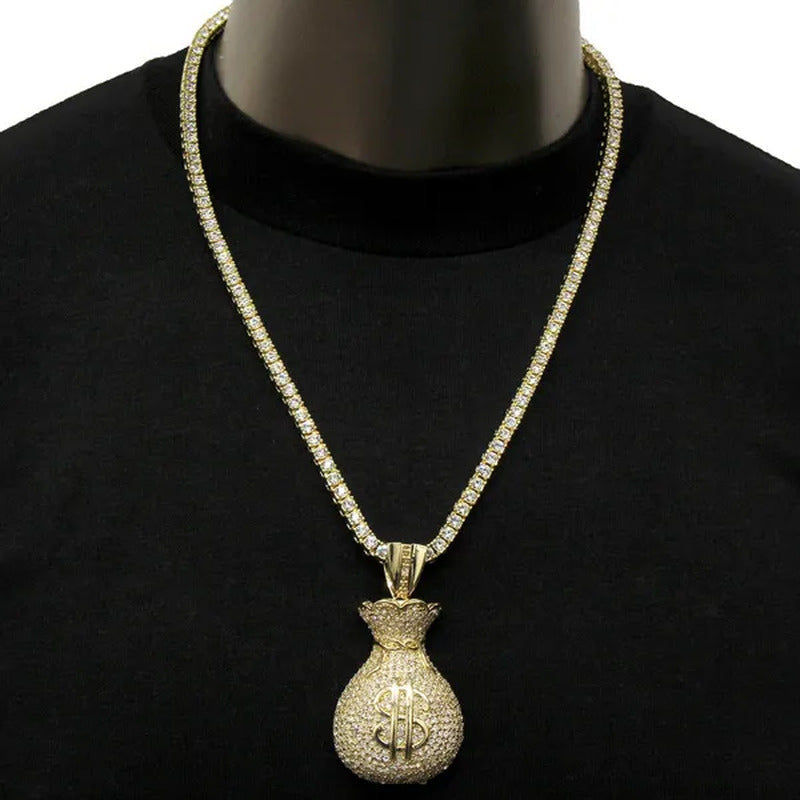Mens 14K Gold Plated Hip-Hop Large Money Bag Pendant 24" 1 Row Lab Diamond Chain