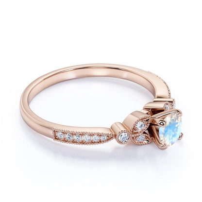 1.25 Ct - round Real Rainbow Moonstone Ring - June Birthstone - Vintage Engageme
