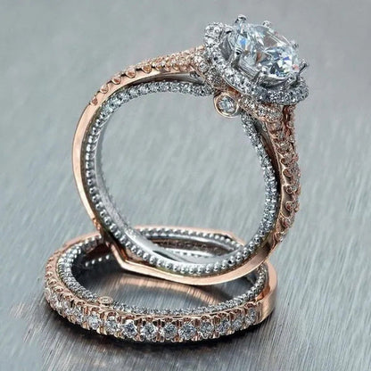 Genuine 925 Sterling Silver Rings Set Two Tone 14K Solid Rose Gold round White S