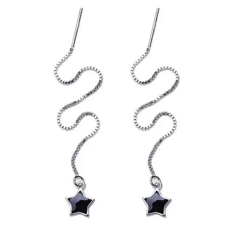 Women Fashion Black Star Ear Line Style Long Tassel Ear Stud Earrings
