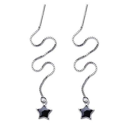 Women Fashion Black Star Ear Line Style Long Tassel Ear Stud Earrings
