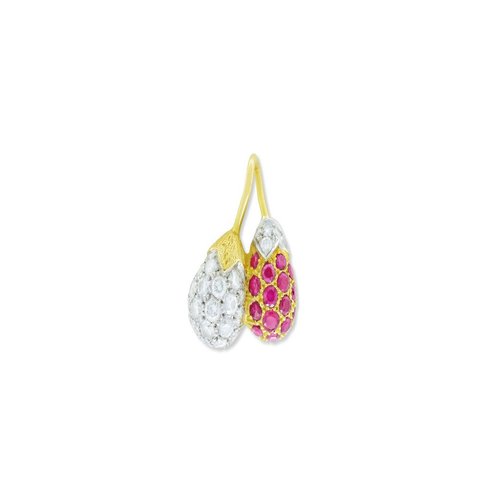 Diamond & Ruby Cherry Ladies Charm Necklace in 14K Yellow & White Gold