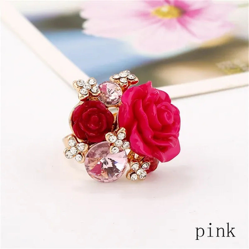 Women'S Fashion Hand Ornaments Inlaid Rhinestones Personality Resin Roses Flower