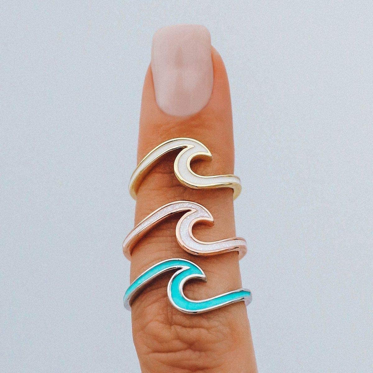Silver or Gold Enamel Wave Ring - Brass Base Band - Rhodium Plating, Sizes 5-9