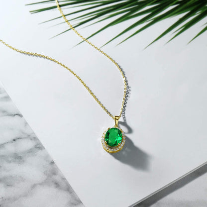 18K Yellow Gold Plated Silver Green Simulated Emerald Pendant Necklace for Women