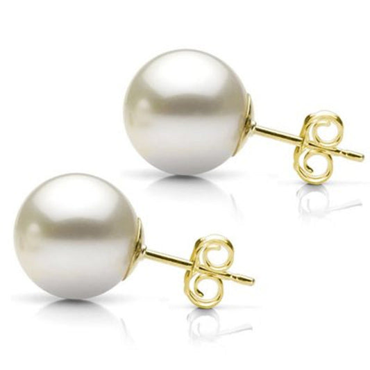 White Grade AAA round Cultured Freshwater Pearl Stud Earring with 14K Yellow Gol