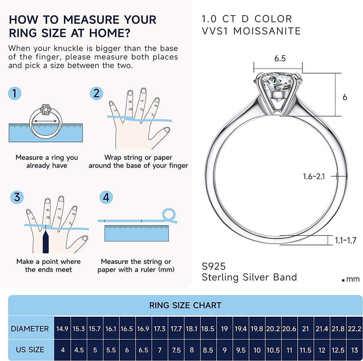 Moissanite Rings, 1Carat Moissanite Rings for Women, D Color VVS1 Simulated Diam