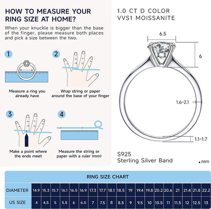 Moissanite Rings, 1Carat Moissanite Rings for Women, D Color VVS1 Simulated Diam
