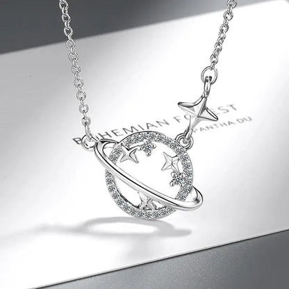 Women Fashion Diamond Hollow Planet Zircon Necklace Clavicle Chain