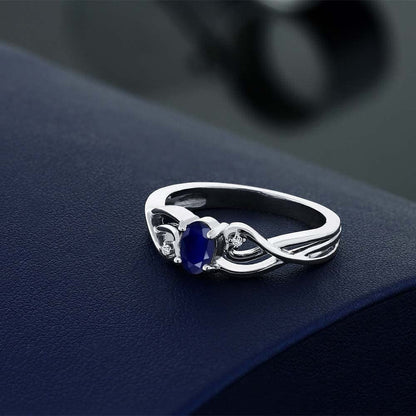 925 Sterling Silver Oval Blue Sapphire and White Lab Grown Diamond Women'S 3 Sto