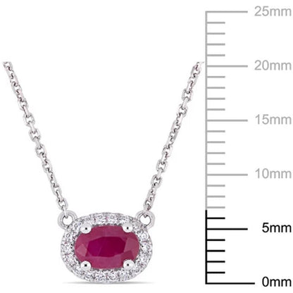Ruby and 0.08 CT. T.W. Diamond Oval Halo Necklace in 14K White Gold