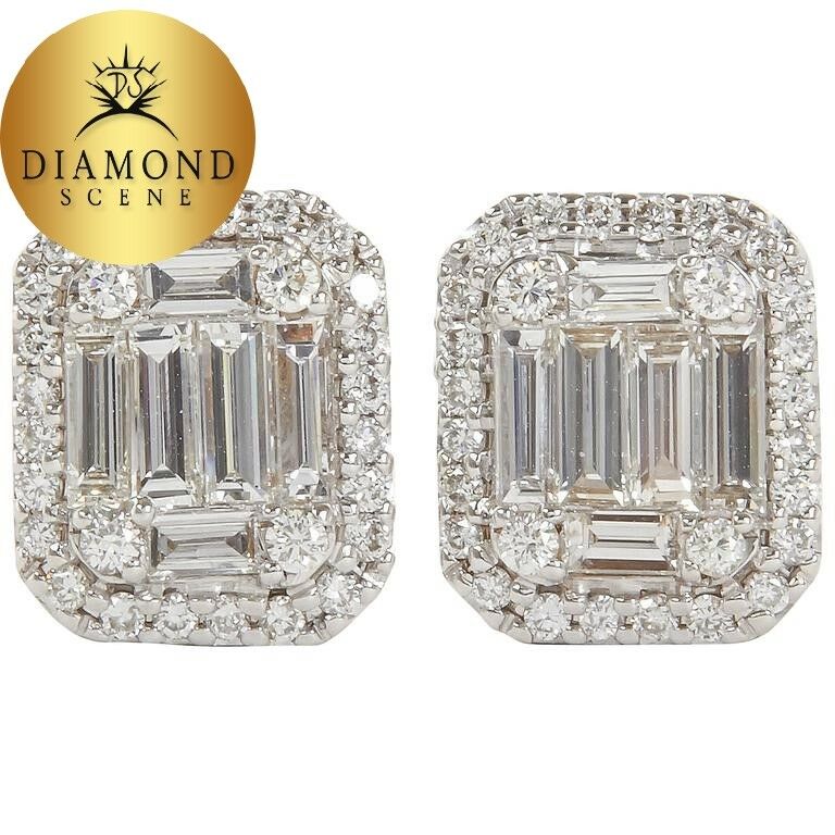 Illusion Emerald Cut Diamond Gold Stud Earrings .95 carats of round special cut