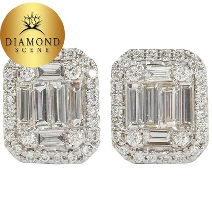 Illusion Emerald Cut Diamond Gold Stud Earrings .95 carats of round special cut