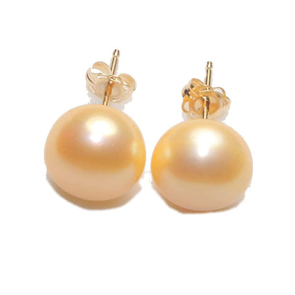 Quality Golden Champagne Pearl Semi round Dome Button 10 MM Stud Earrings 14K Go
