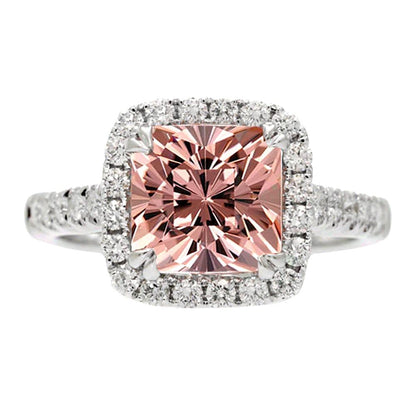 1.80 Carat Cushion Cut Morganite and Diamond Moissanite Engagement Ring Halo Des