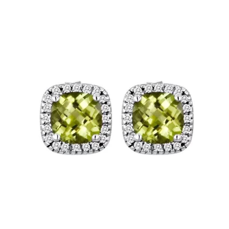 Cushion-Cut Peridot and Diamond Earrings in 14K White Gold
