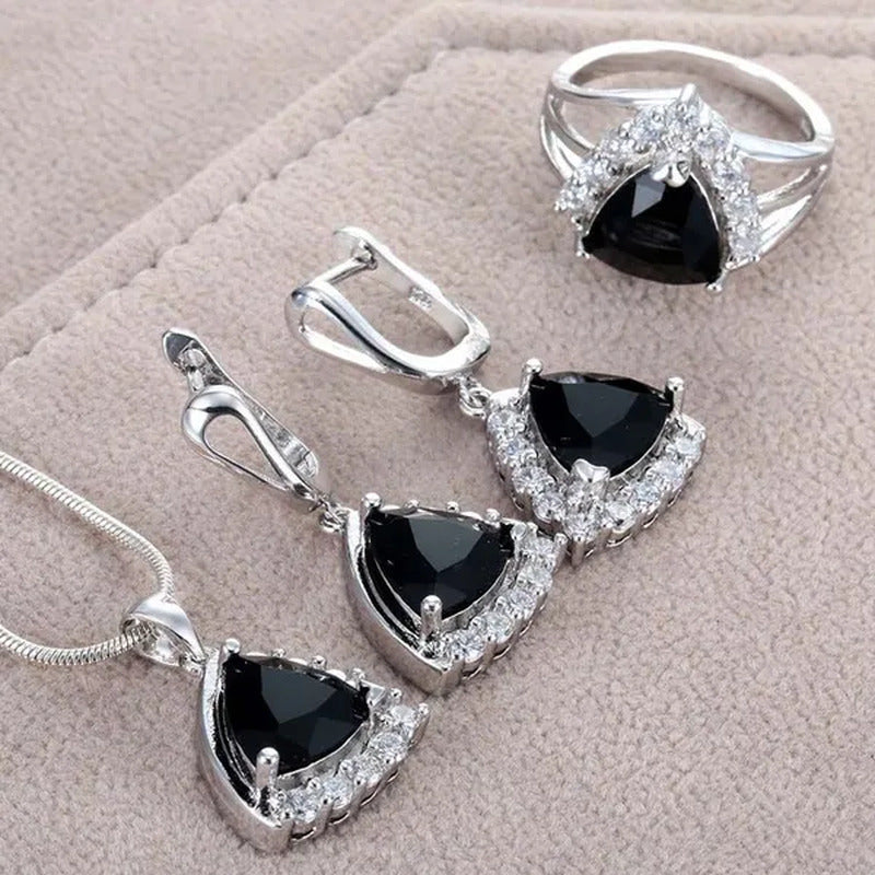 Fashion Women Black Onyx Soild Natural Diamond Ring Earrings Necklace Bridal Jew