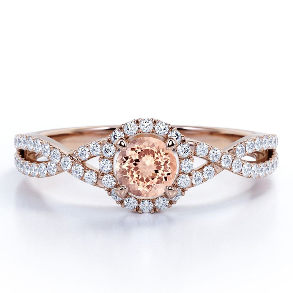 Classic 1.25 Carat Created Morganite and Diamond Halo Engagement Ring in 10K Ros