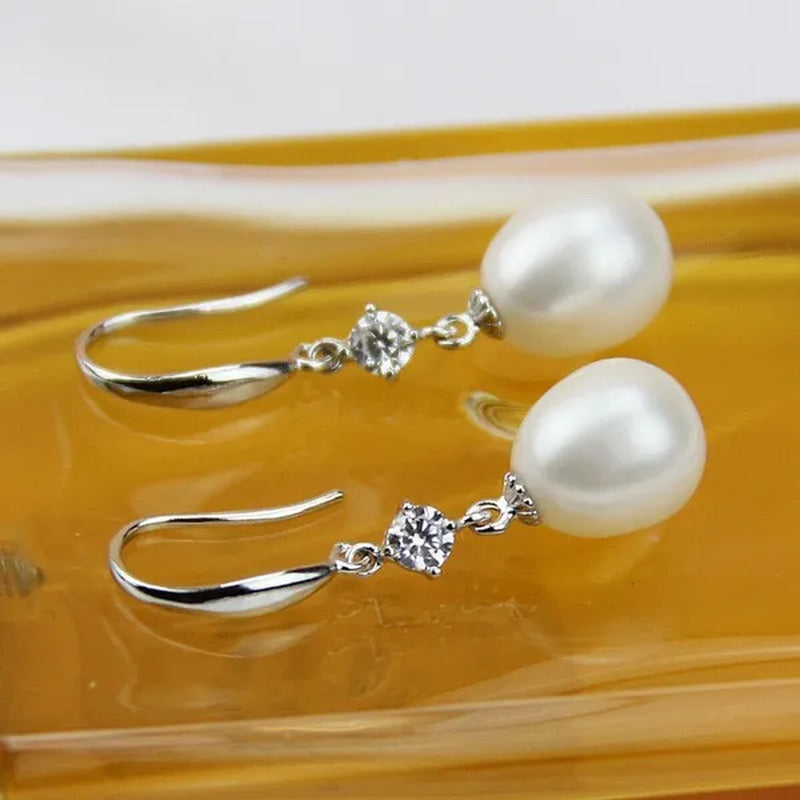9Mm Cultured Natural Freshwater Drop Pearl Earrings with Sterling Silver Danglin