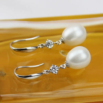 9Mm Cultured Natural Freshwater Drop Pearl Earrings with Sterling Silver Danglin