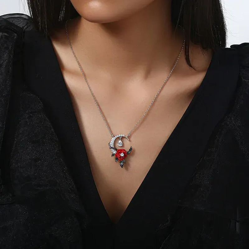 Creative Exquisite Crescent Pendant Rose Necklace 925 Sterling Silver Necklace F