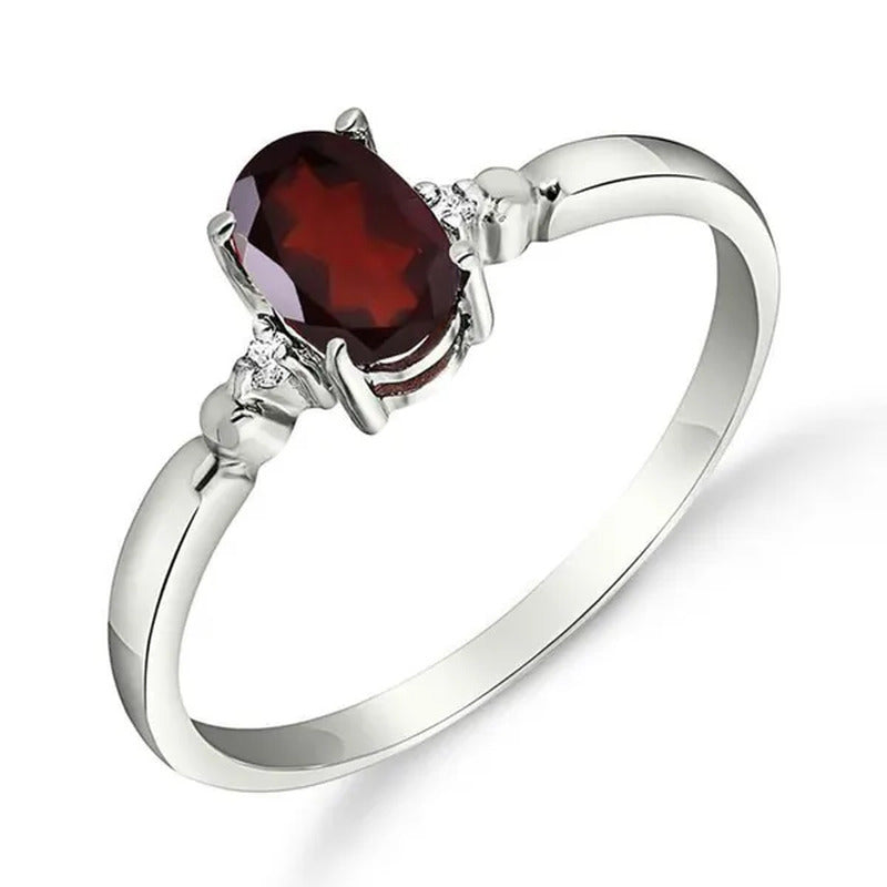14K Solid White Gold Ring with Natural Diamonds and Oval-Shaped Garnet