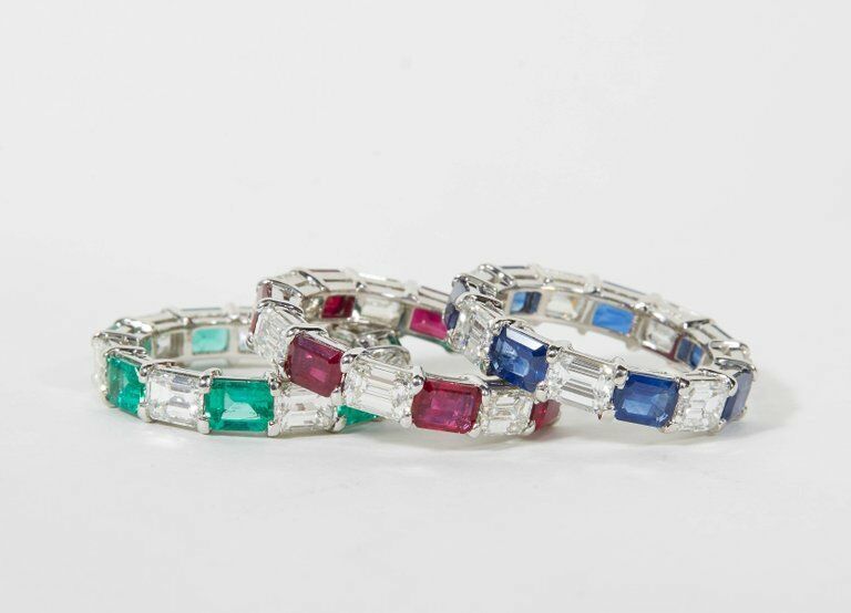Emerald Sapphire Ruby and Diamond Emerald Cut Eternity Bands