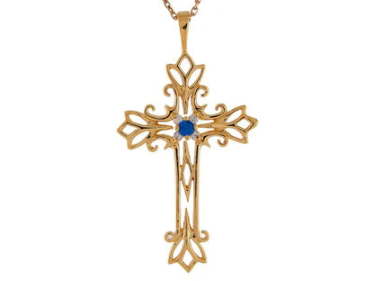 14K Yellow Gold Real Blue Sapphire Diamond Accented Latin Budded Cross Pendant