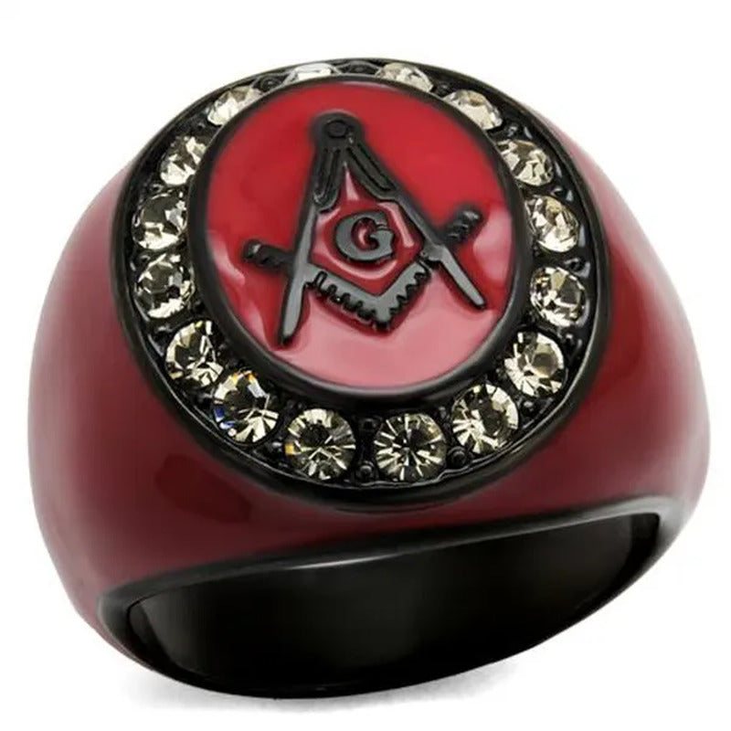 Stainless Steel Red & Black Ion Plated Crystal Masonic Freemason Ring Size 8-13