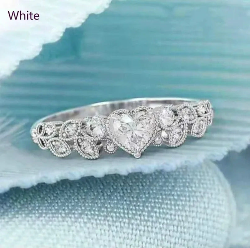 Exquisite Woman Fashion Sterling Silver Natural Pink Gem Rhinestones Leaf Heart