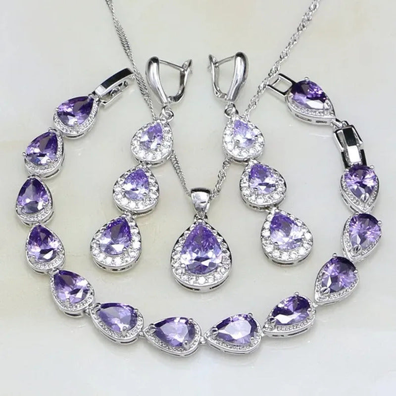 Trendy Water Drop Blue Sapphire White Topaz 925 Sterling Silver Jewelry Sets Wom