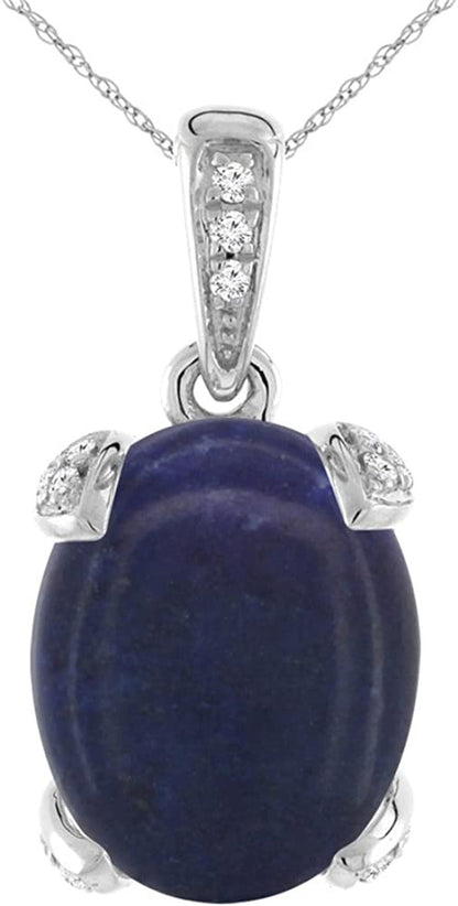 14K White Gold Natural Cabochon Color Gemstone Necklace Oval 10X8 Mm with Diamon